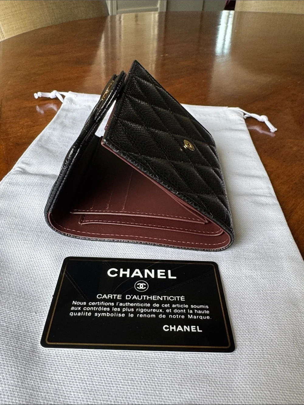 CHANEL Black Quilted Caviar Leather Wallet with Gold CC
